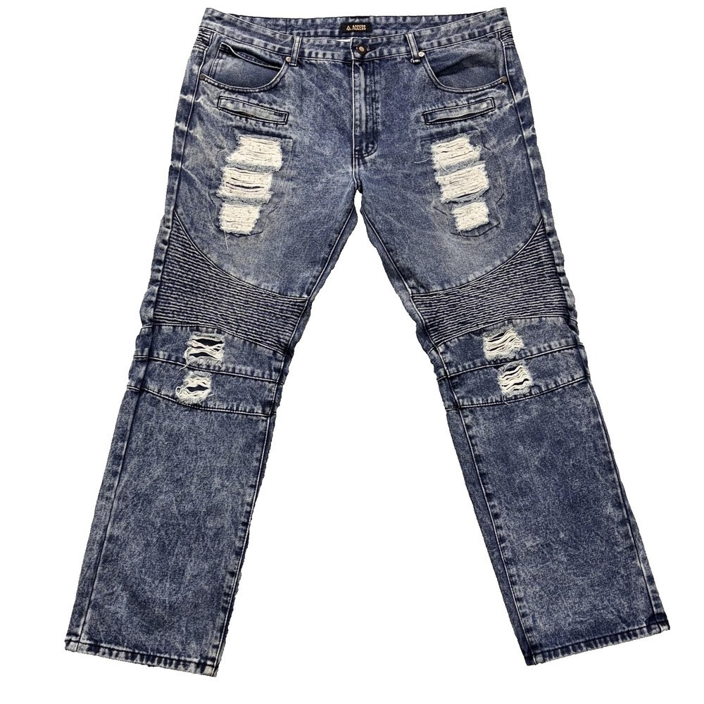 Access Apparel Jeans‎ Mens 40x32 Blue Acid Wash Moto Biker Distressed Ripped